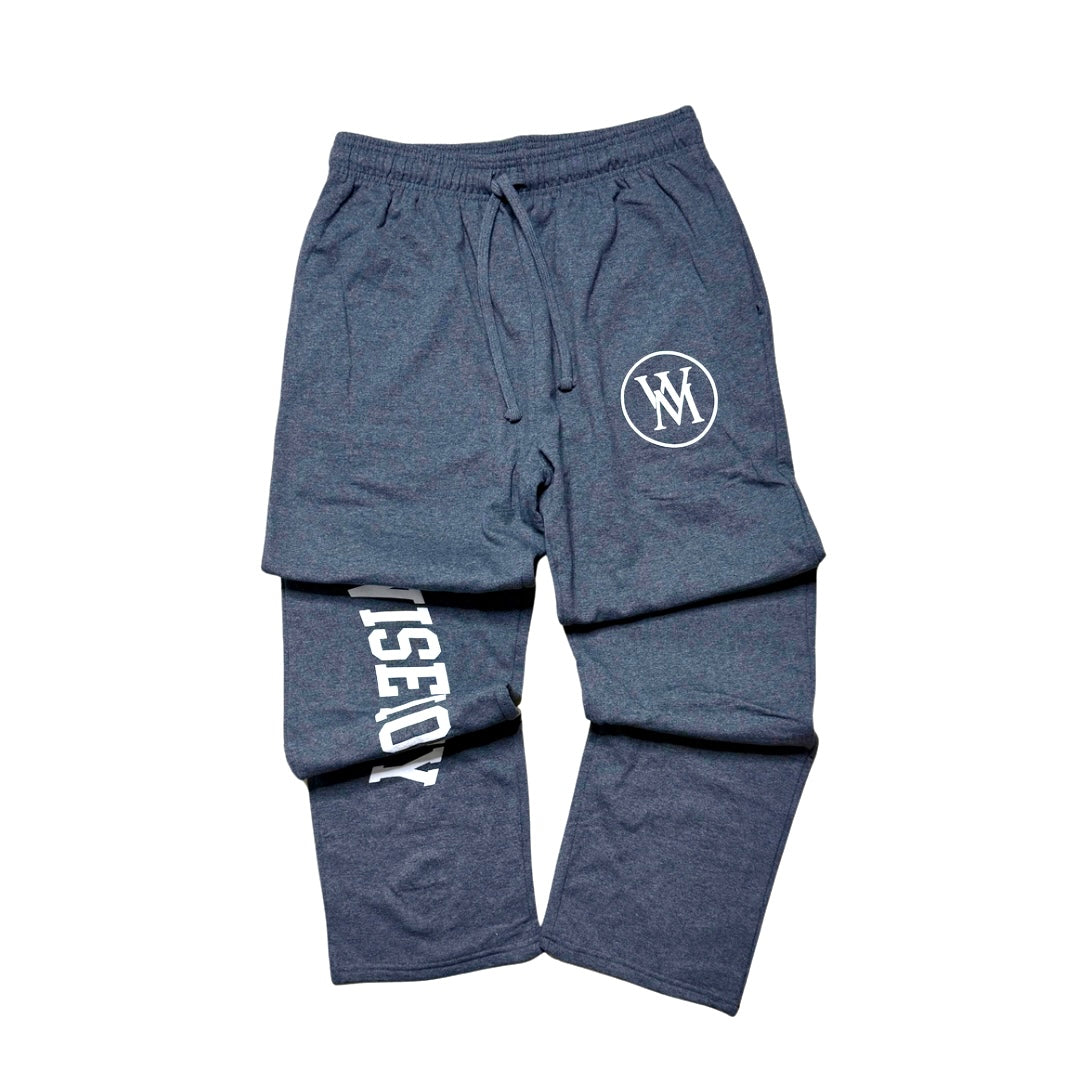 Black Wise Money open-bottom sweatpants with white lettering and WM thigh logo