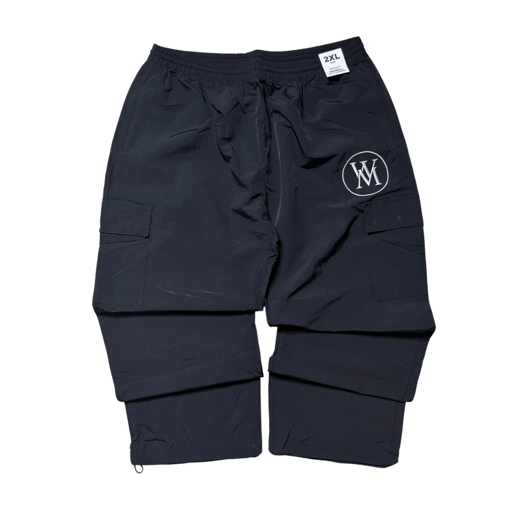 Black Wi35 Mon3y cargo track pants with white circular WM logo