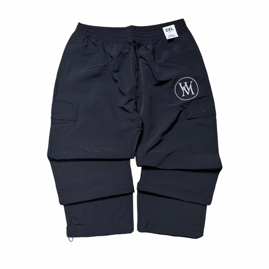 Black Wi35 Mon3y cargo track pants with white circular WM logo