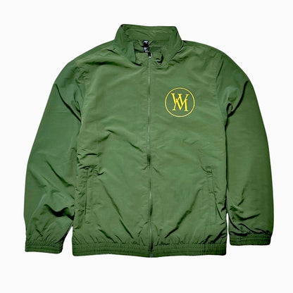 Olive green nylon zip-up track jacket with a yellow chest monogram, collar, and zippered pockets.