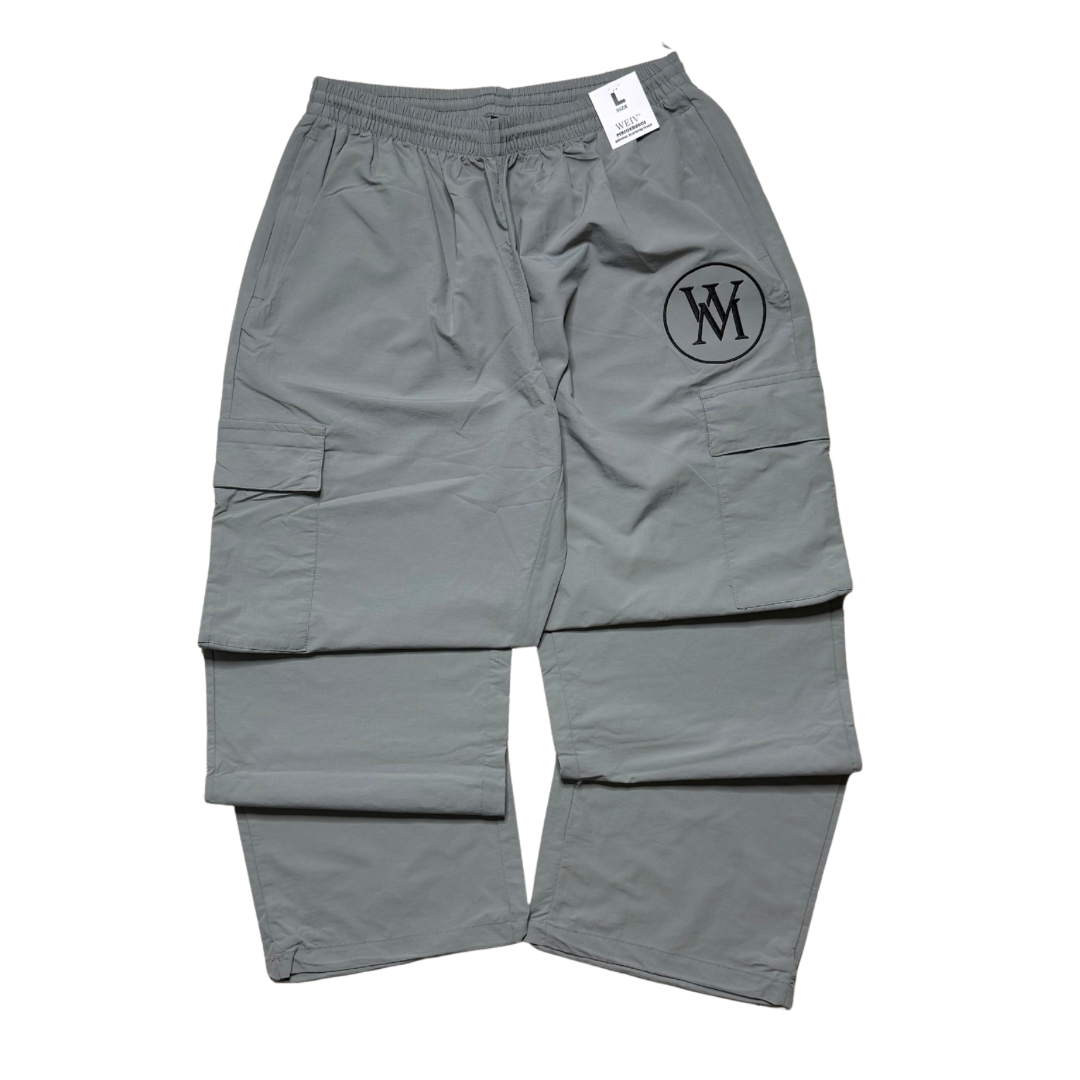 Grey Wi35 Mon3y cargo track pants with black circular WM logo
