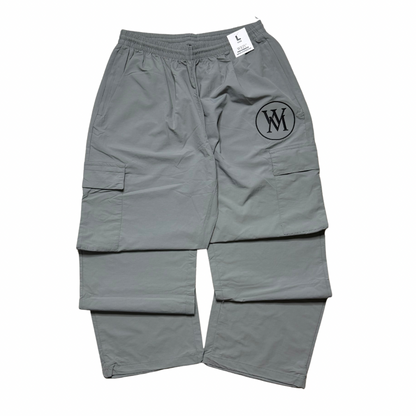 Grey Wi35 Mon3y cargo track pants with black circular WM logo