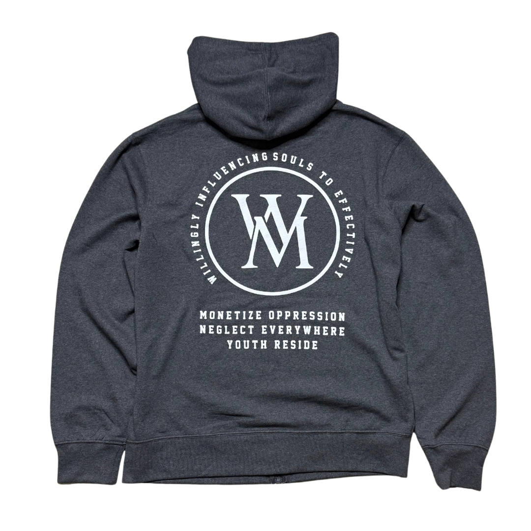Back of charcoal grey Wi35 Mon3y hoodie with large white circular monogram and statement lettering