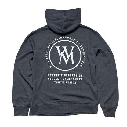 Back of charcoal grey Wi35 Mon3y hoodie with large white circular monogram and statement lettering