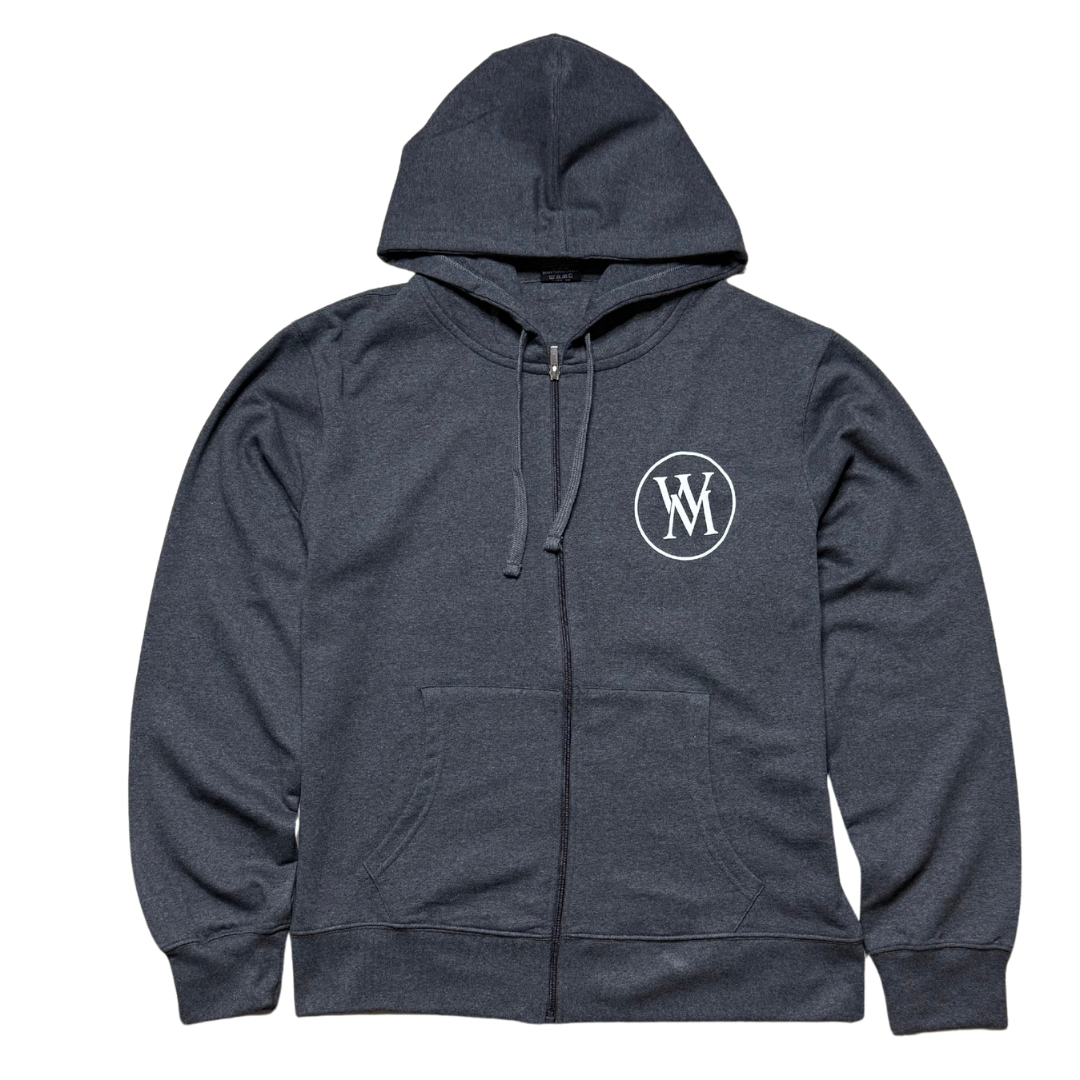 Front of charcoal grey Wi35 Mon3y zip-up hoodie with white circular chest logo