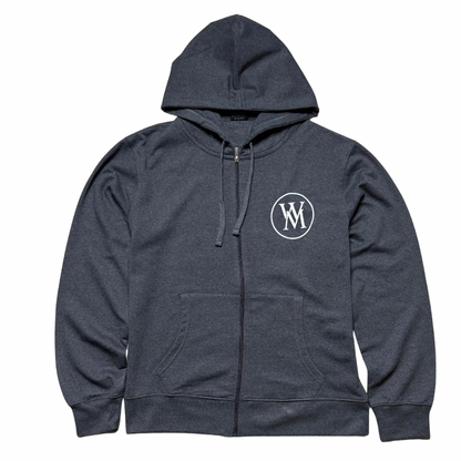 Front of charcoal grey Wi35 Mon3y zip-up hoodie with white circular chest logo