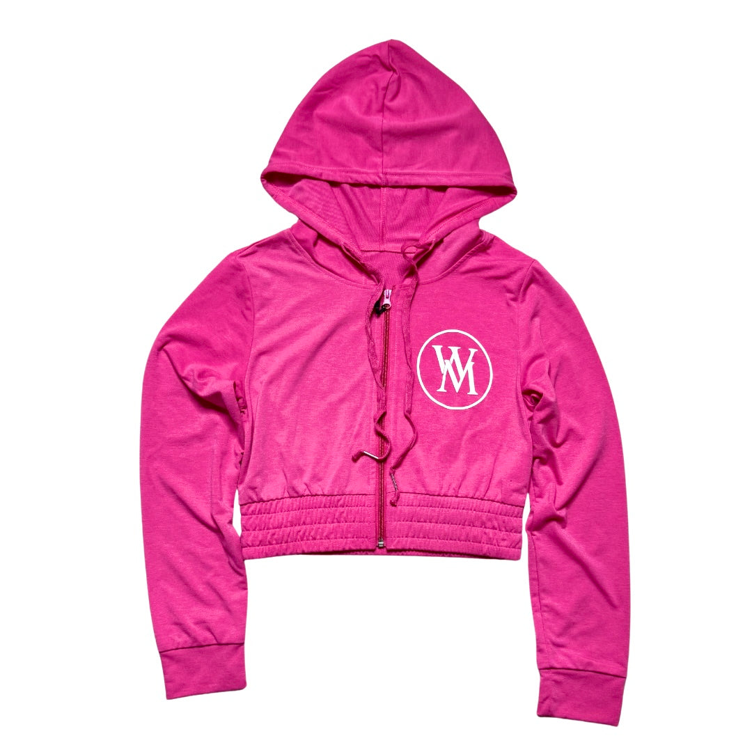 Pink cropped zip-up hoodie with drawstring hood and white circular chest logo