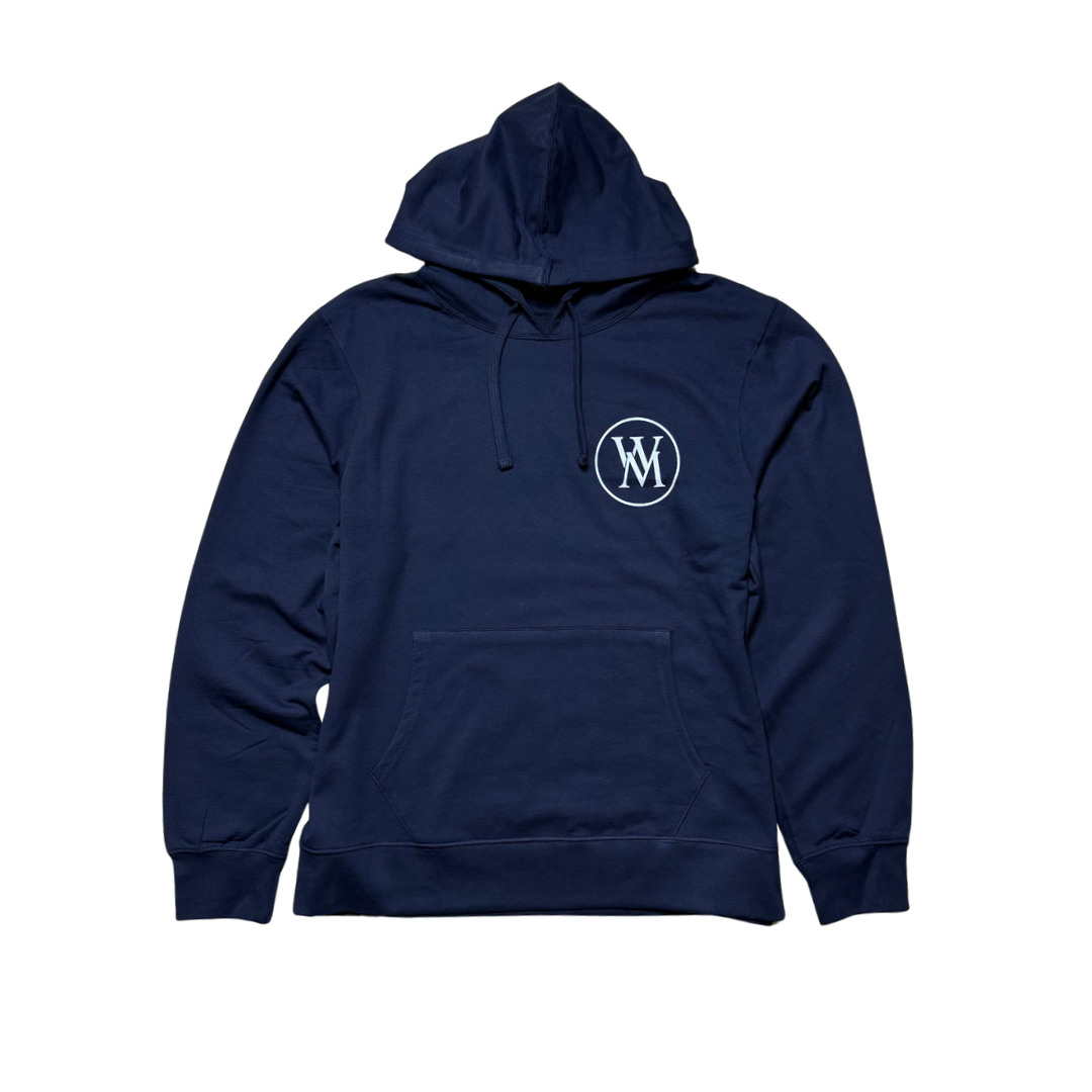 Navy Wise Money pullover hoodie front with white WM chest logo