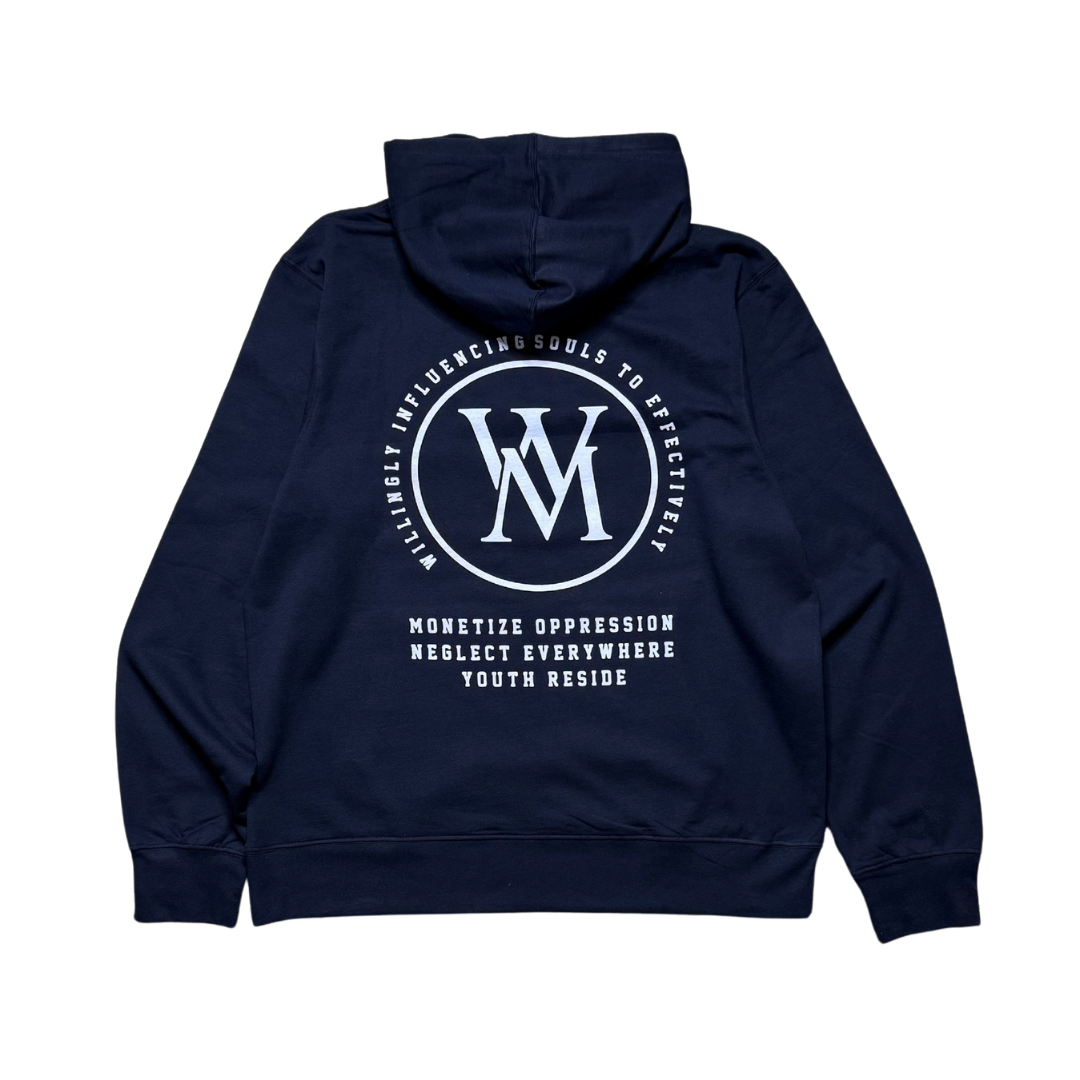 Navy Wise Money pullover hoodie back with large white WM graphic