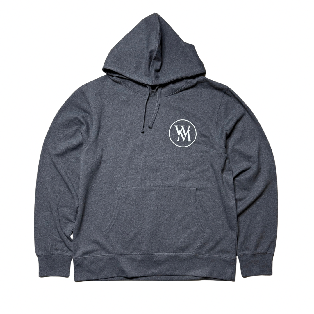 Charcoal grey Wise Money pullover hoodie front with white WM chest logo