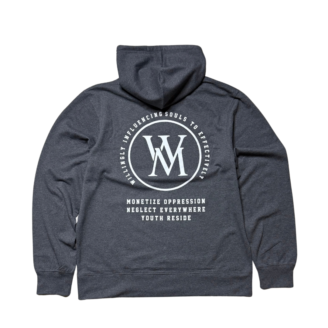 Charcoal grey Wise Money pullover hoodie back with large white WM graphic