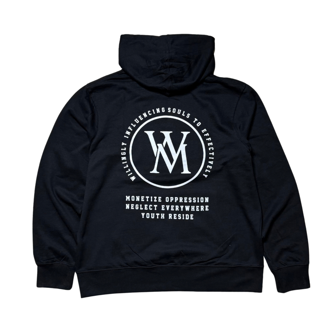 Black Wise Money pullover hoodie back with large white WM graphic