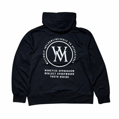 Black Wise Money pullover hoodie back with large white WM graphic
