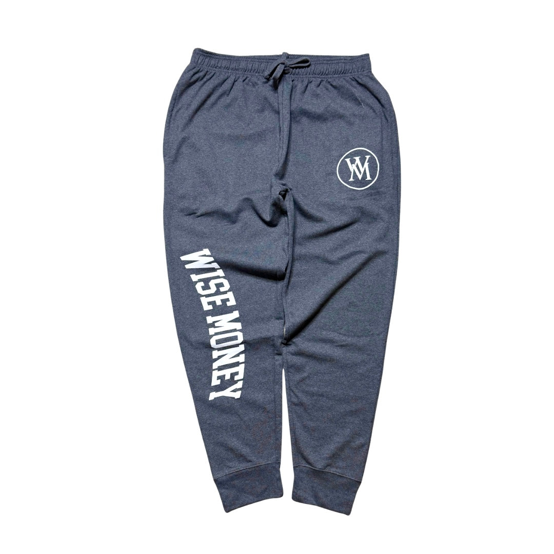 Gray Wise Money cuff-bottom sweatpants with white leg lettering and WM thigh logo