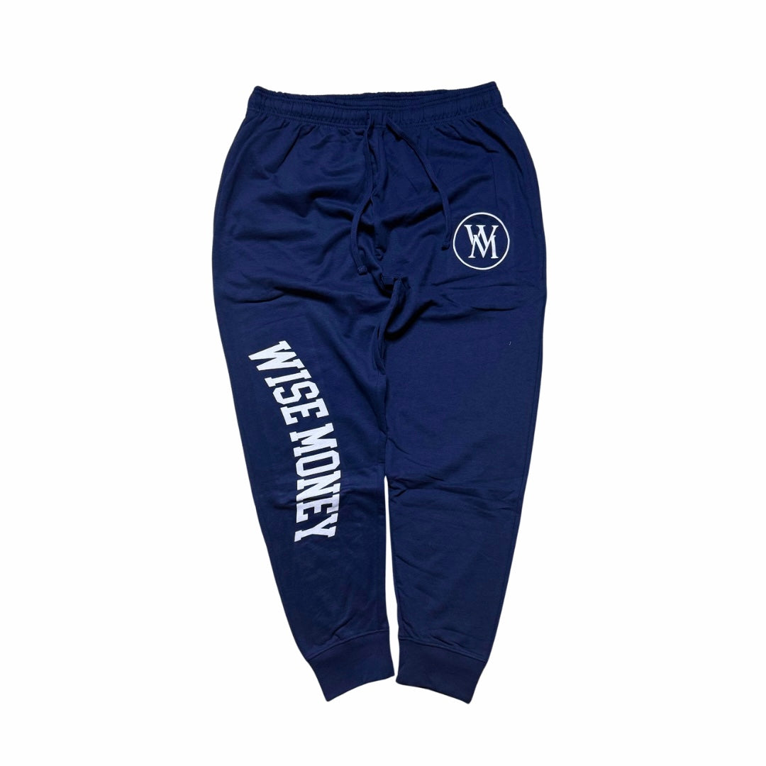 Black Wise Money cuff-bottom sweatpants with white leg lettering and WM thigh logo
