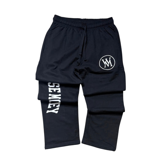Gray Wise Money open-bottom sweatpants with white lettering and WM thigh logo