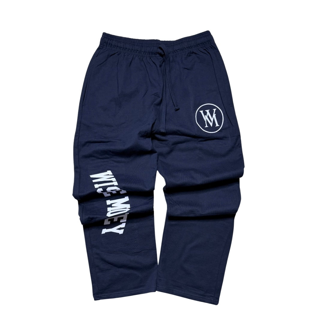 Navy Wise Money cuff-bottom sweatpants with white leg lettering and WM thigh logo